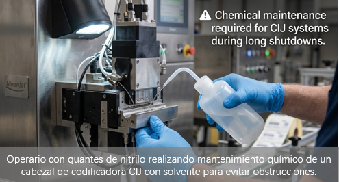 Cómo evitar la obstrucción de cabezales en codificadoras industriales durante paradas prolongadas (TIJ vs. CIJ)