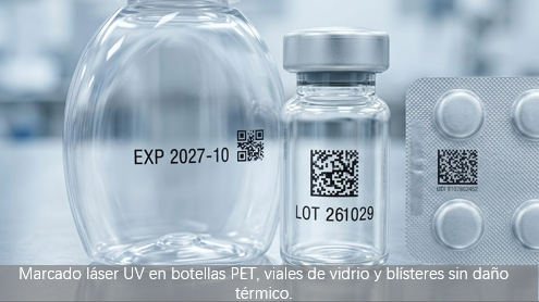 Marcado láser UV volante para envases termosensibles: botellas, viales y blísteres